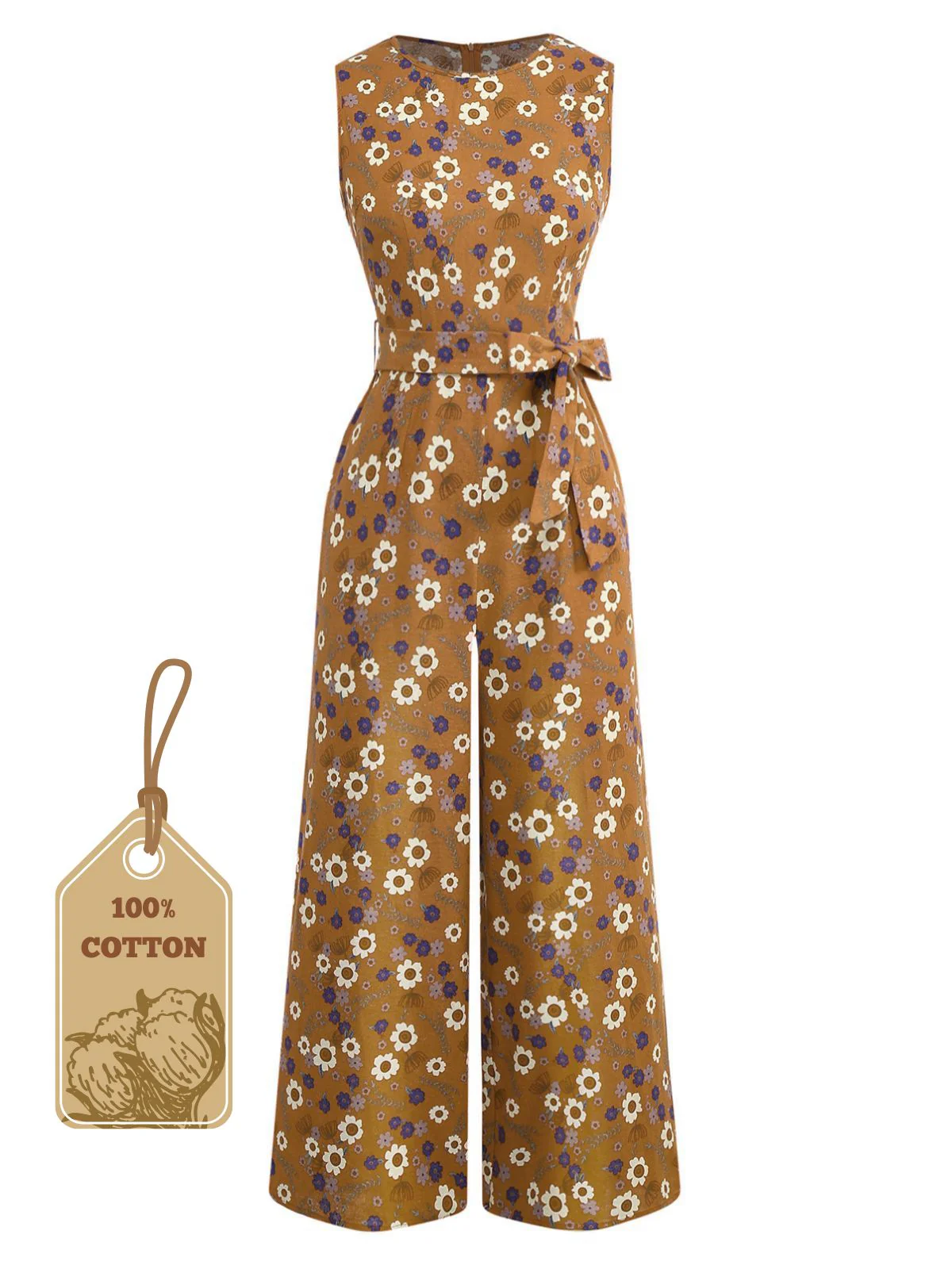 1950s Cotton Sleeveless All-Over Floral Belted Jumpsuit - Image 6