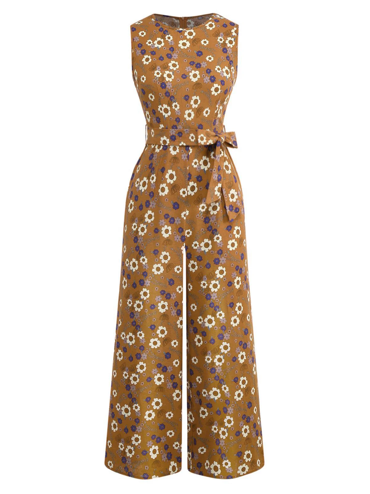 1950s Cotton Sleeveless All-Over Floral Belted Jumpsuit - Image 7