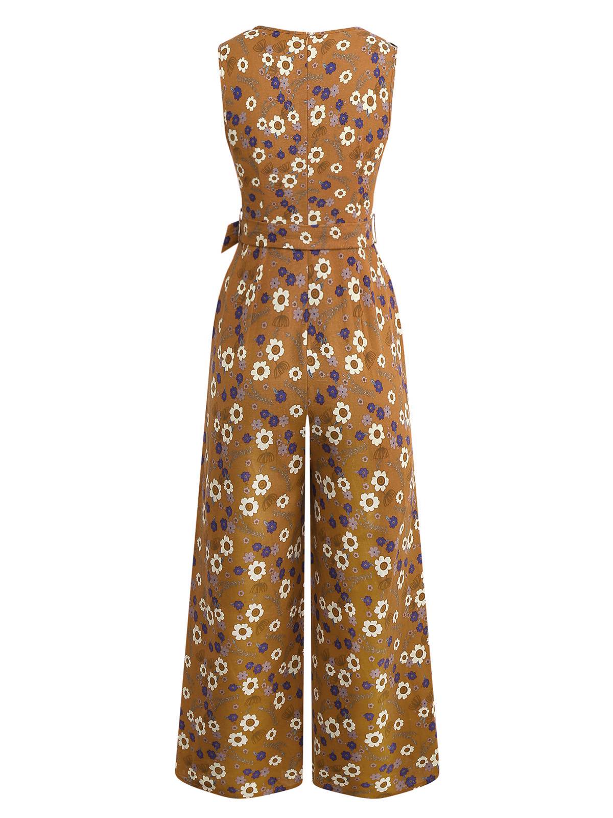 1950s Cotton Sleeveless All-Over Floral Belted Jumpsuit - Image 8