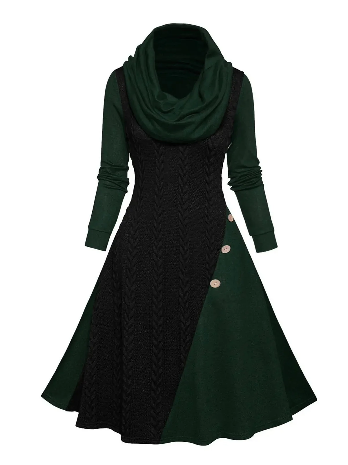 1950s Cowl Neck Knit Patchwork Swing Dress - Image 2