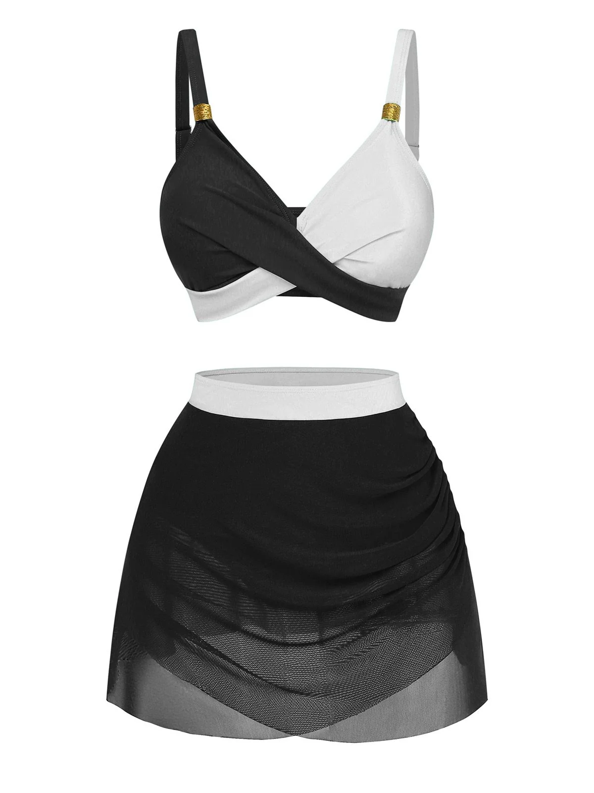 1950s Cross-Back Ruched Mesh Bikini Set - Image 5