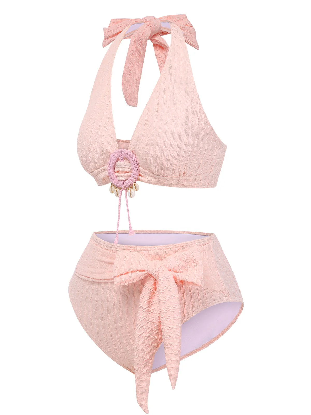 1950s Deep V-Neck Textured Seashell Halter Swimsuit - Image 2