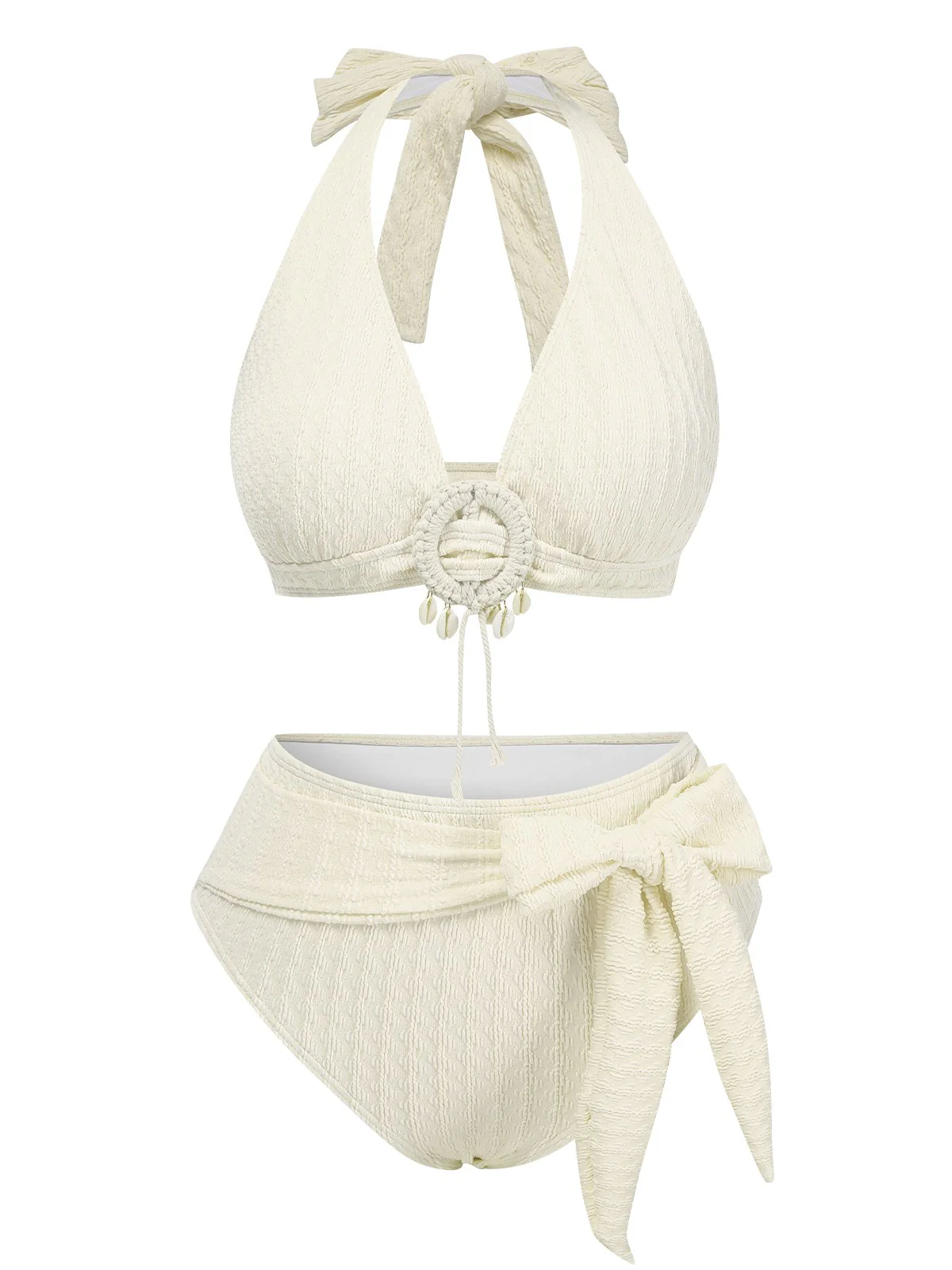 1950s Deep V-Neck Textured Seashell Halter Swimsuit - Image 5