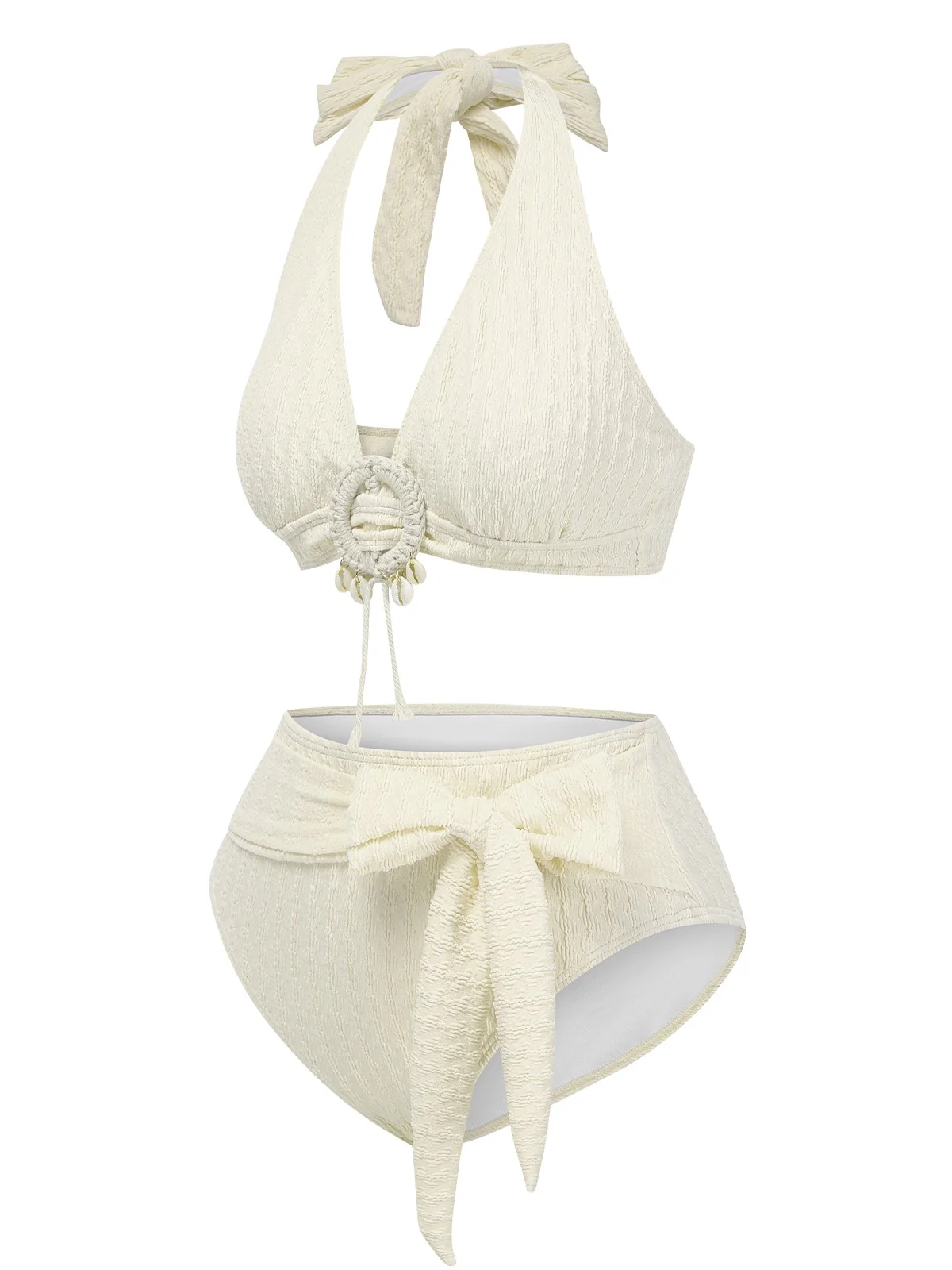 1950s Deep V-Neck Textured Seashell Halter Swimsuit - Image 6