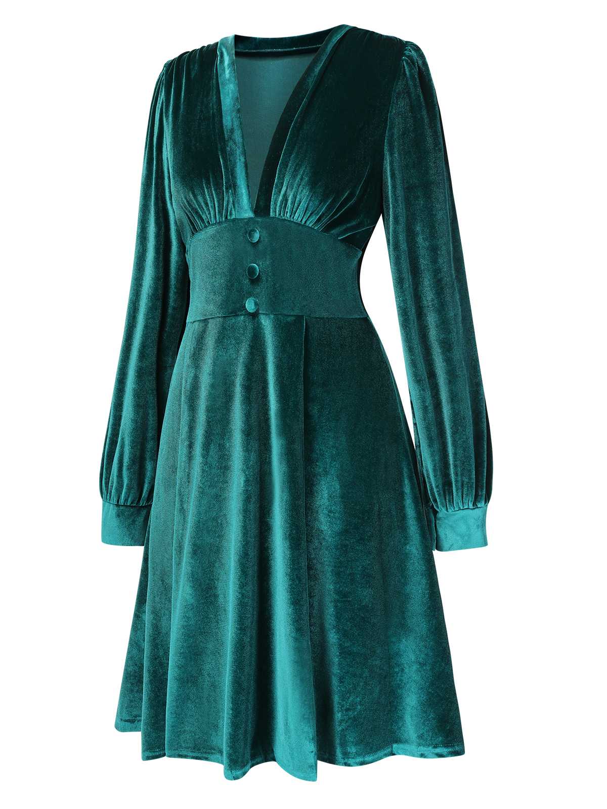 1950s Deep V-Neck Velvet Button Solid Dress - Image 3