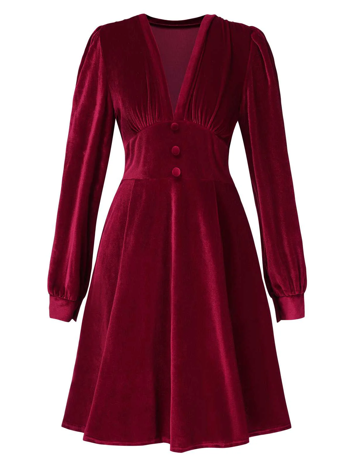 1950s Deep V-Neck Velvet Button Solid Dress - Image 5