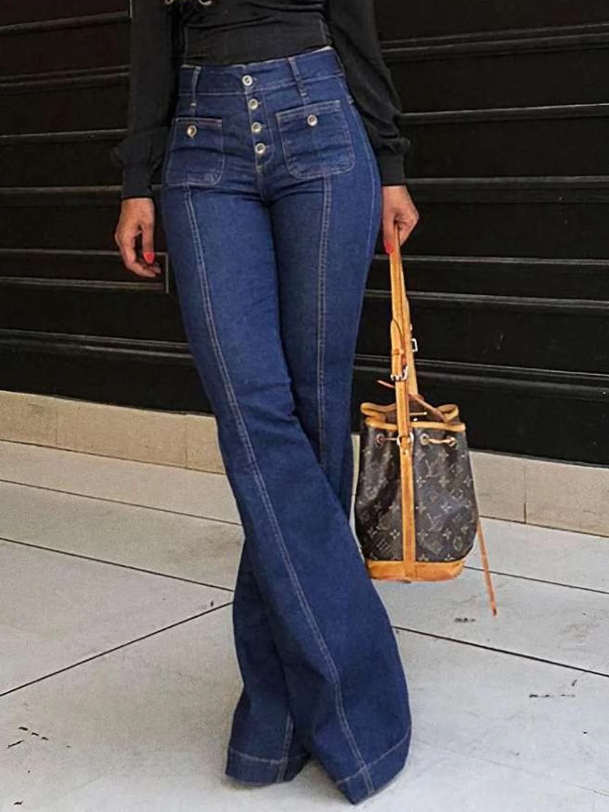 1950s Denim Flared Long Pockets Jeans - Image 2