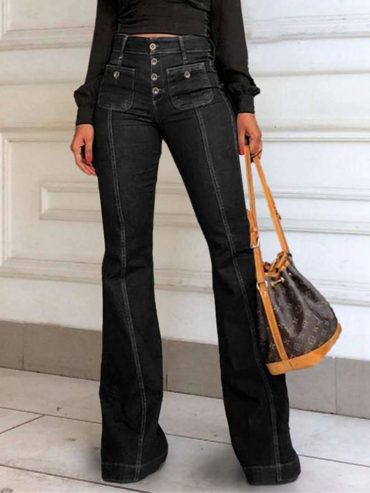 1950s Denim Flared Long Pockets Jeans - Image 5