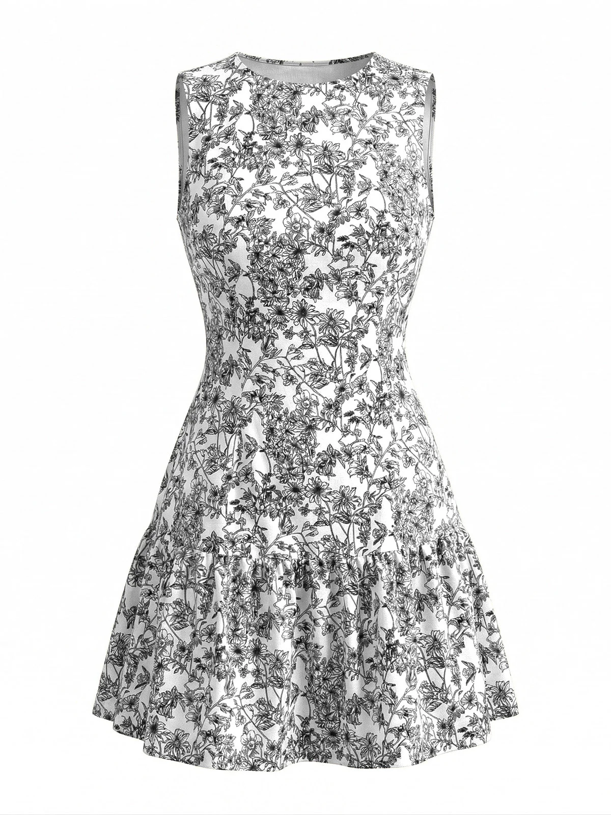 1950s Ditsy Floral Sleeveless Round Neck A-Line Dress - Image 4