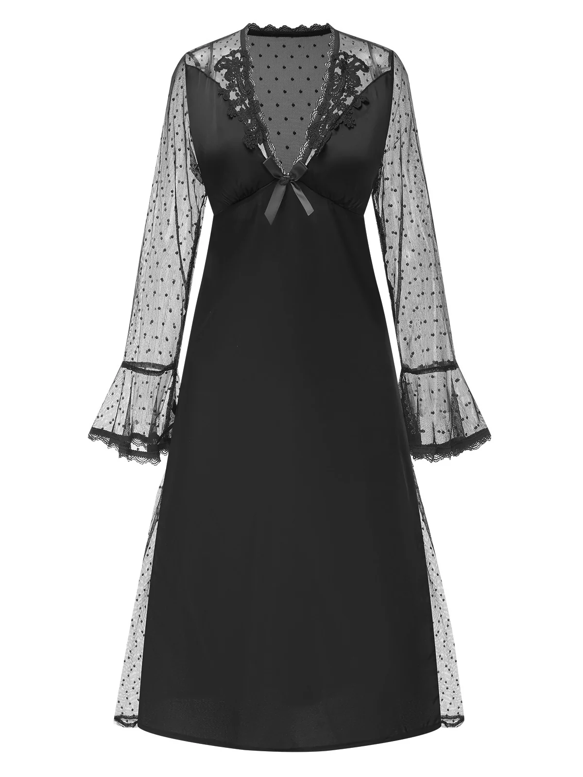 1950s Dots Sheer Sleeves Deep V-Neck Nightgown - Image 4
