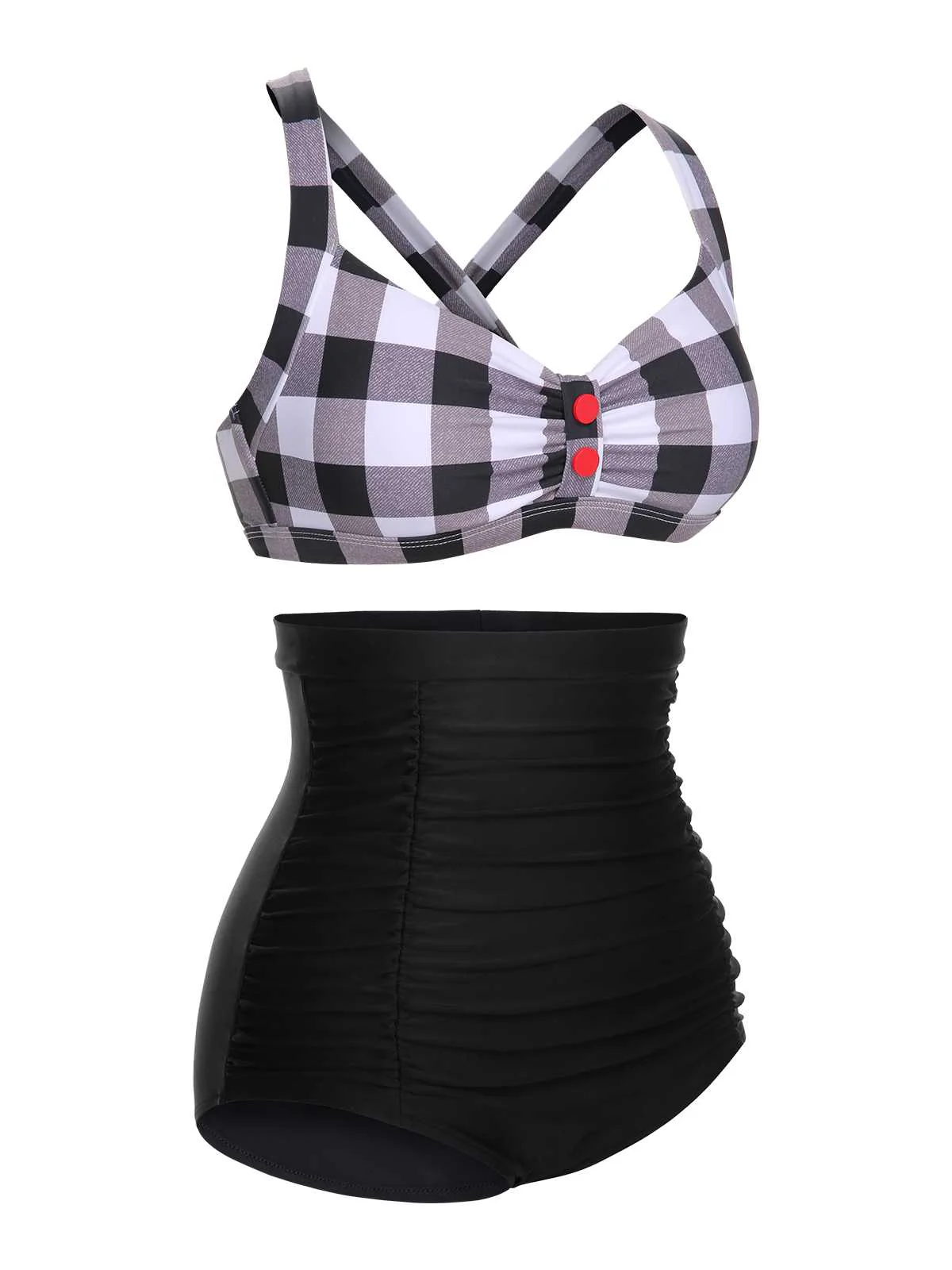 1950s Double Strap Buttoned Plaids Swimsuit - Image 10