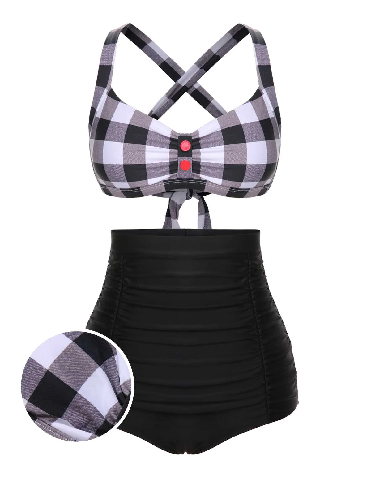 1950s Double Strap Buttoned Plaids Swimsuit - Image 8
