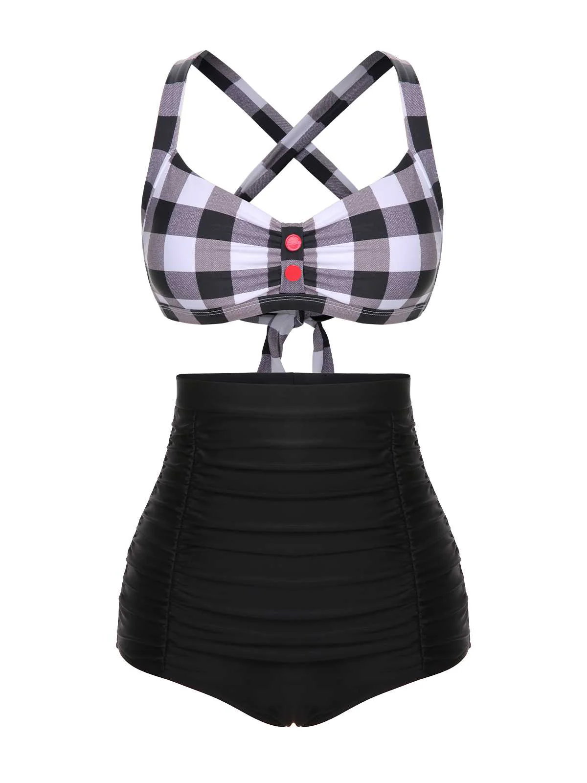 1950s Double Strap Buttoned Plaids Swimsuit - Image 9