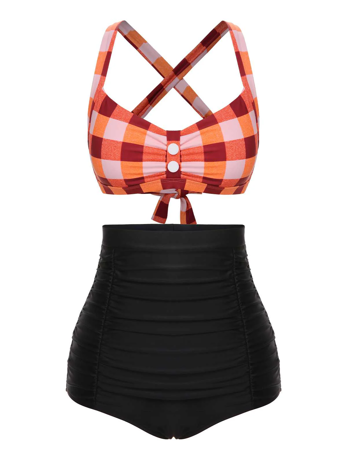 1950s Double Strap Buttoned Plaids Swimsuit - Image 7