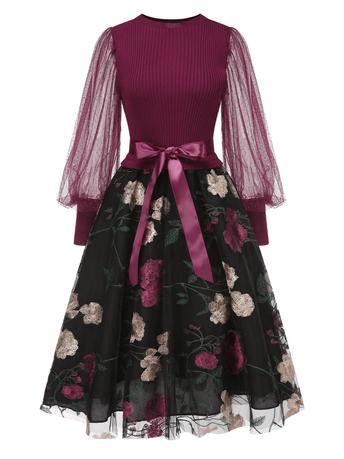1950s Embroidered Floral Mesh Patchwork Dress - Image 2