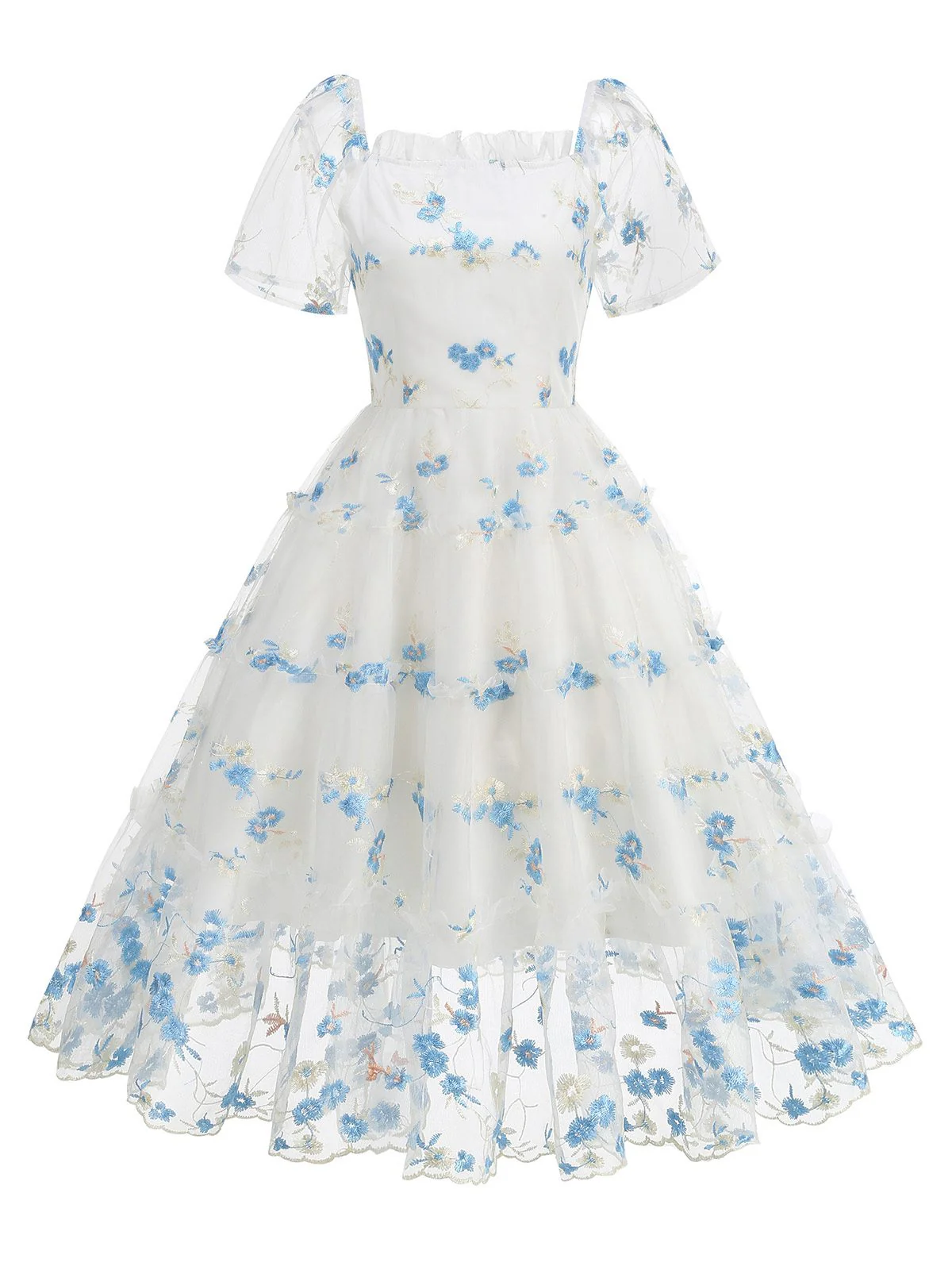 1950s Embroidered Flowers Mesh Puff Sleeve Dress - Image 11