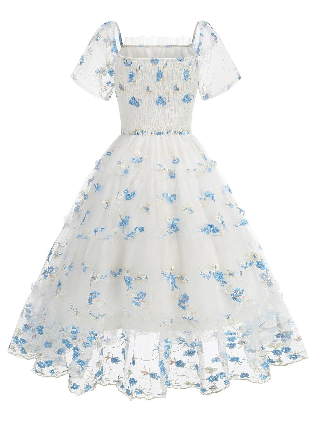 1950s Embroidered Flowers Mesh Puff Sleeve Dress - Image 12