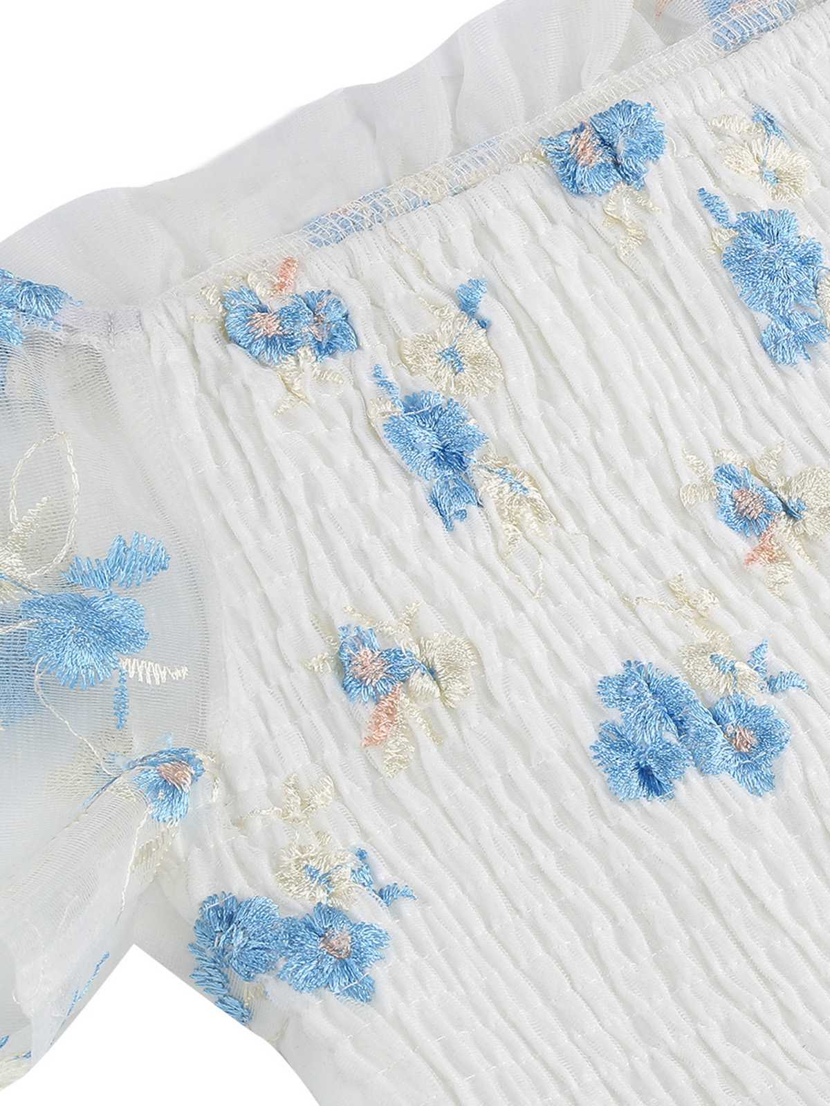 1950s Embroidered Flowers Mesh Puff Sleeve Dress - Image 13