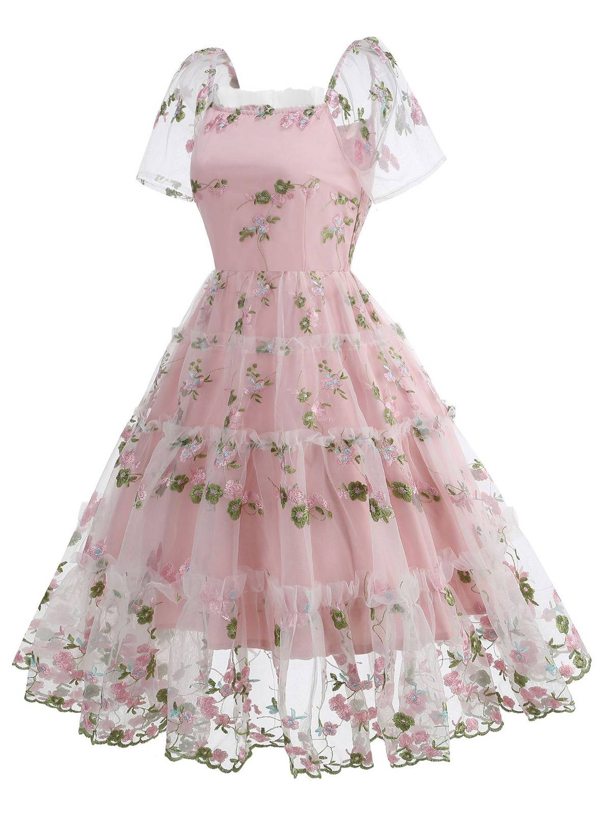 1950s Embroidered Flowers Mesh Puff Sleeve Dress - Image 2