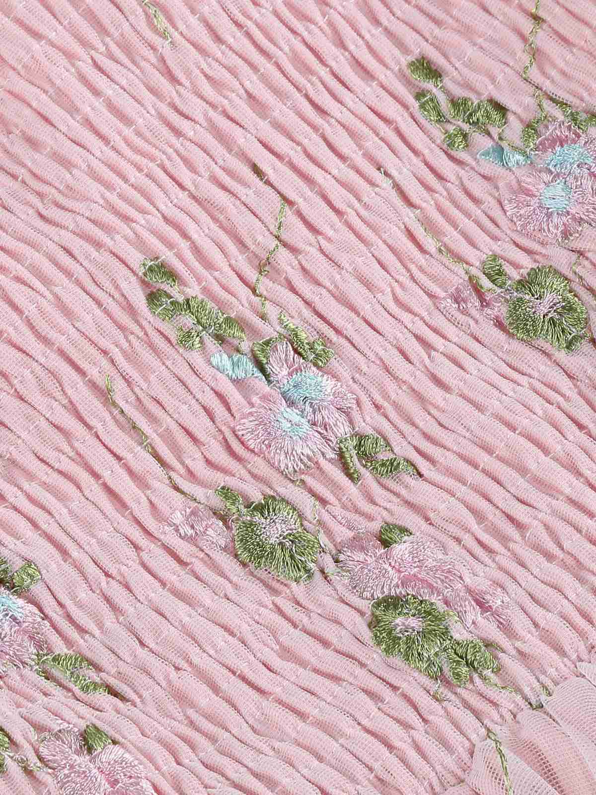 1950s Embroidered Flowers Mesh Puff Sleeve Dress - Image 3