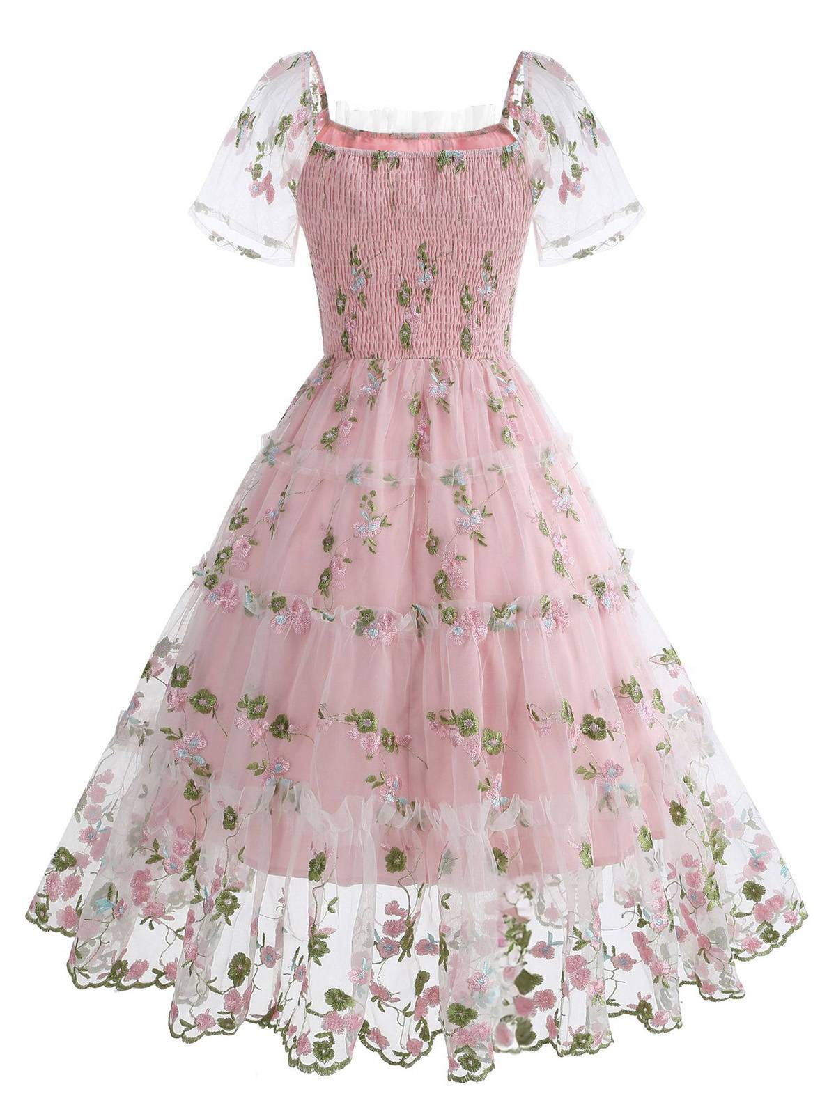 1950s Embroidered Flowers Mesh Puff Sleeve Dress - Image 5
