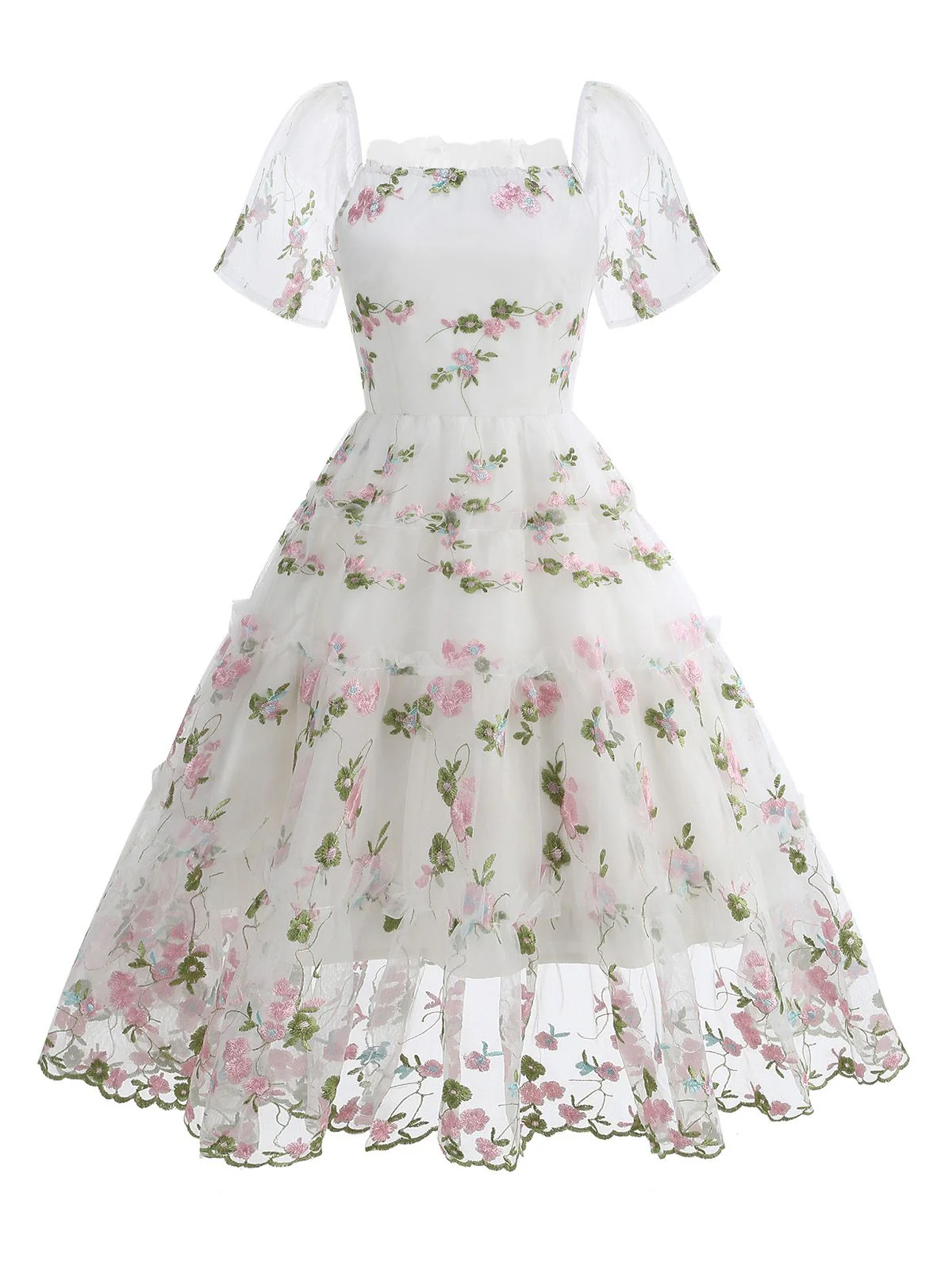 1950s Embroidered Flowers Mesh Puff Sleeve Dress - Image 6