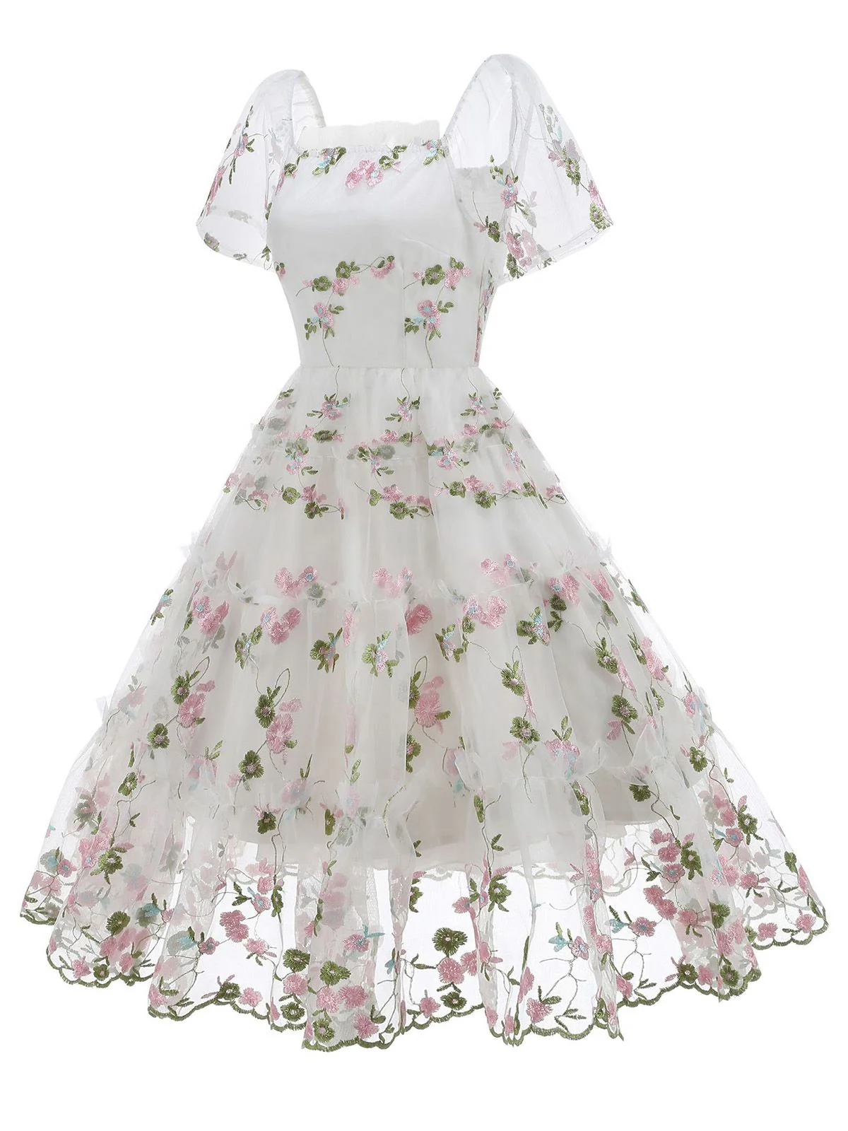 1950s Embroidered Flowers Mesh Puff Sleeve Dress - Image 7