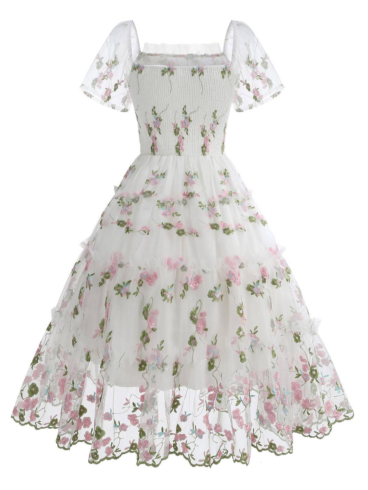 1950s Embroidered Flowers Mesh Puff Sleeve Dress - Image 8