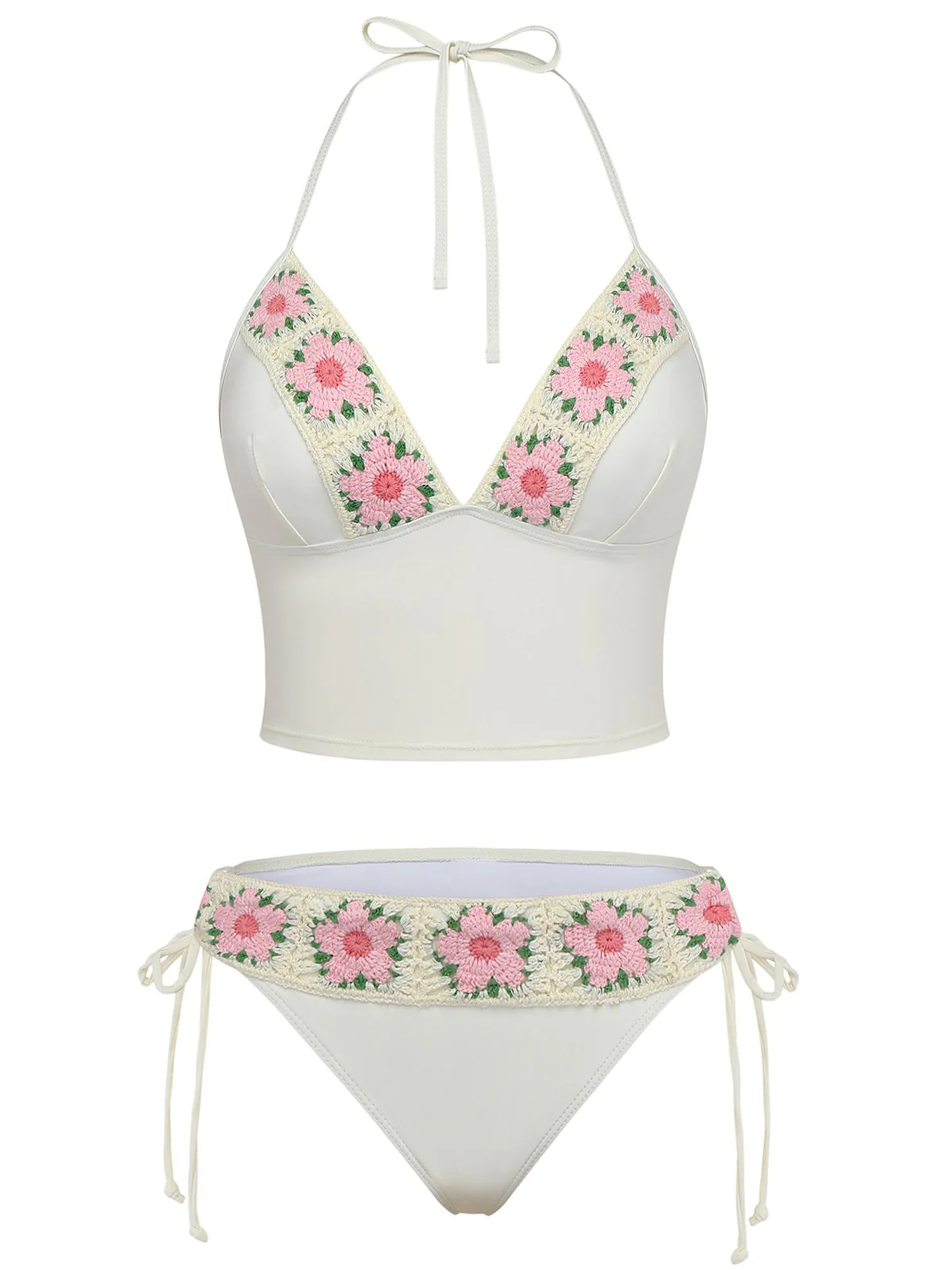 1950s Embroidered Handmade Floral High Waist Bikini Set - Image 2