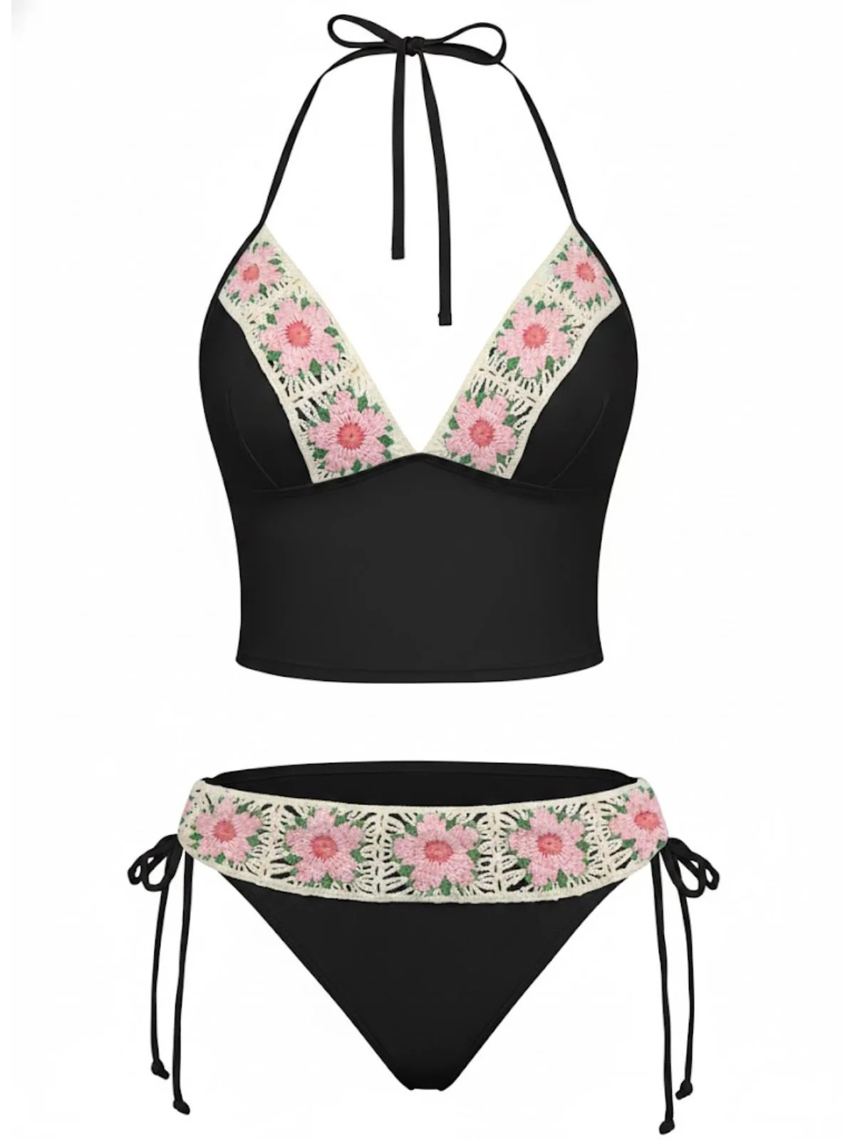 1950s Embroidered Handmade Floral High Waist Bikini Set - Image 7