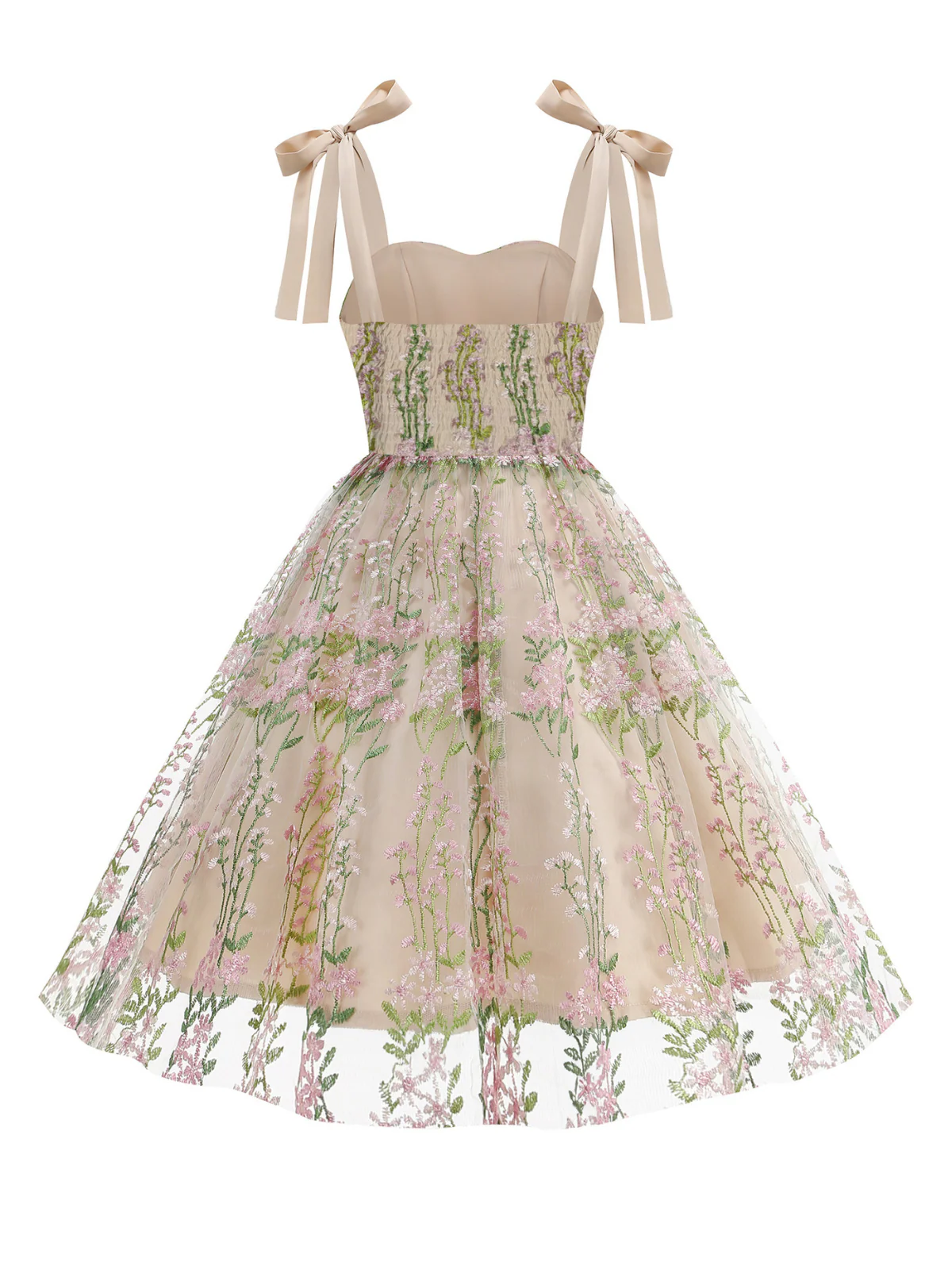 1950s Embroidered Mesh Lace-Up Sweetheart Neck Dress - Image 2