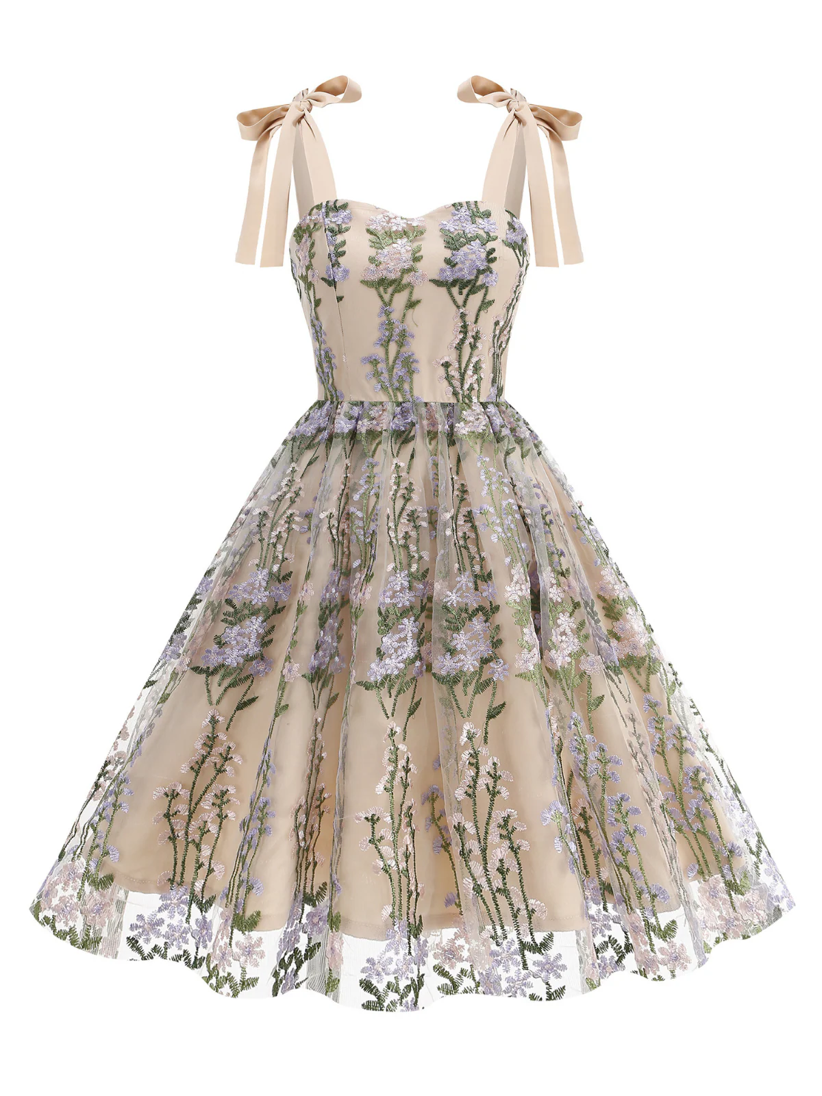 1950s Embroidered Mesh Lace-Up Sweetheart Neck Dress - Image 7