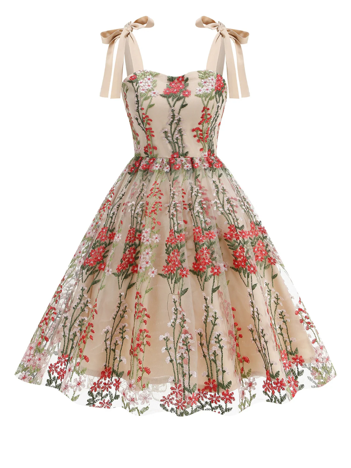 1950s Embroidered Mesh Lace-Up Sweetheart Neck Dress - Image 8