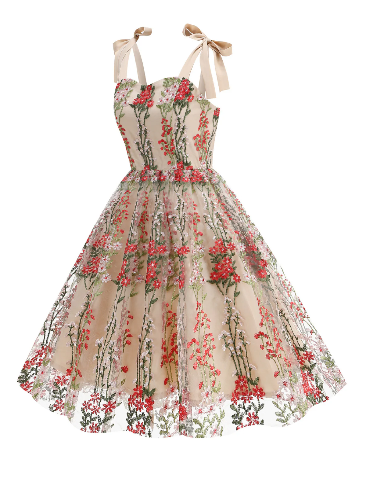 1950s Embroidered Mesh Lace-Up Sweetheart Neck Dress - Image 9
