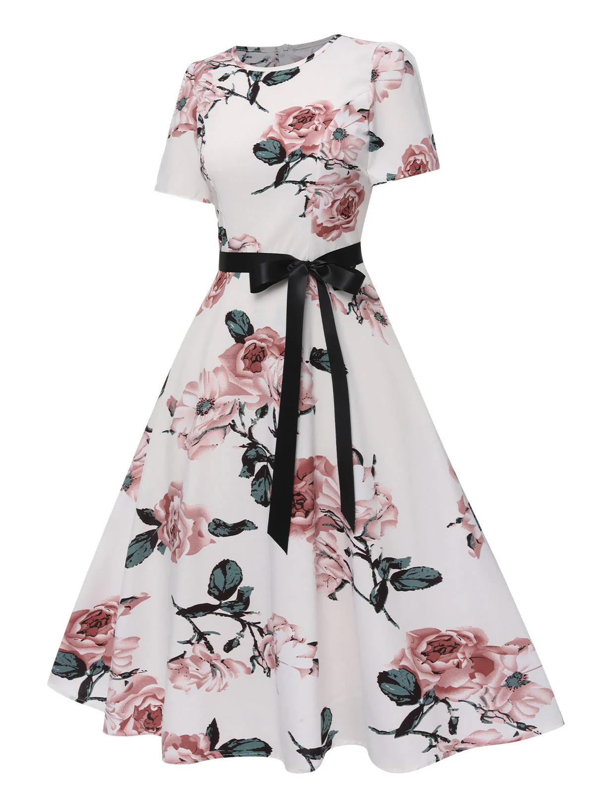 1950s Floral Bow Short Sleeve Swing Dress - Image 3