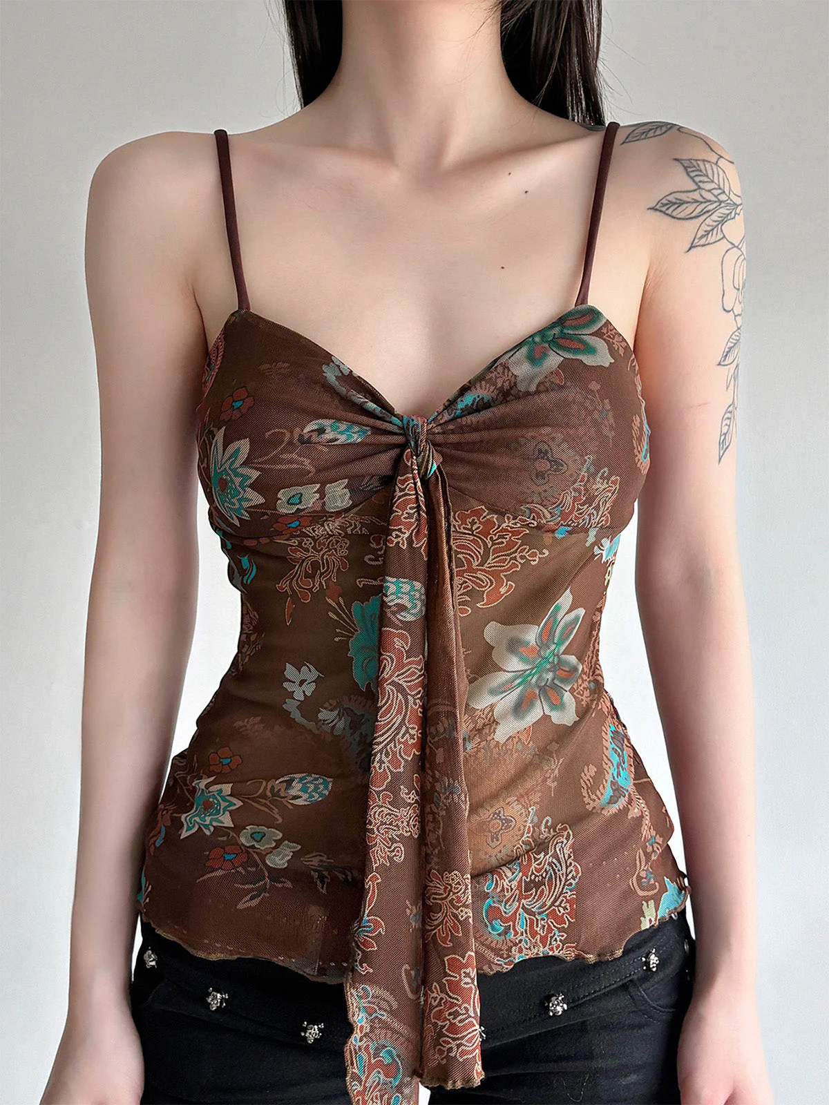1950s Floral Colorblock Spaghetti Strap Camisole - Image 6