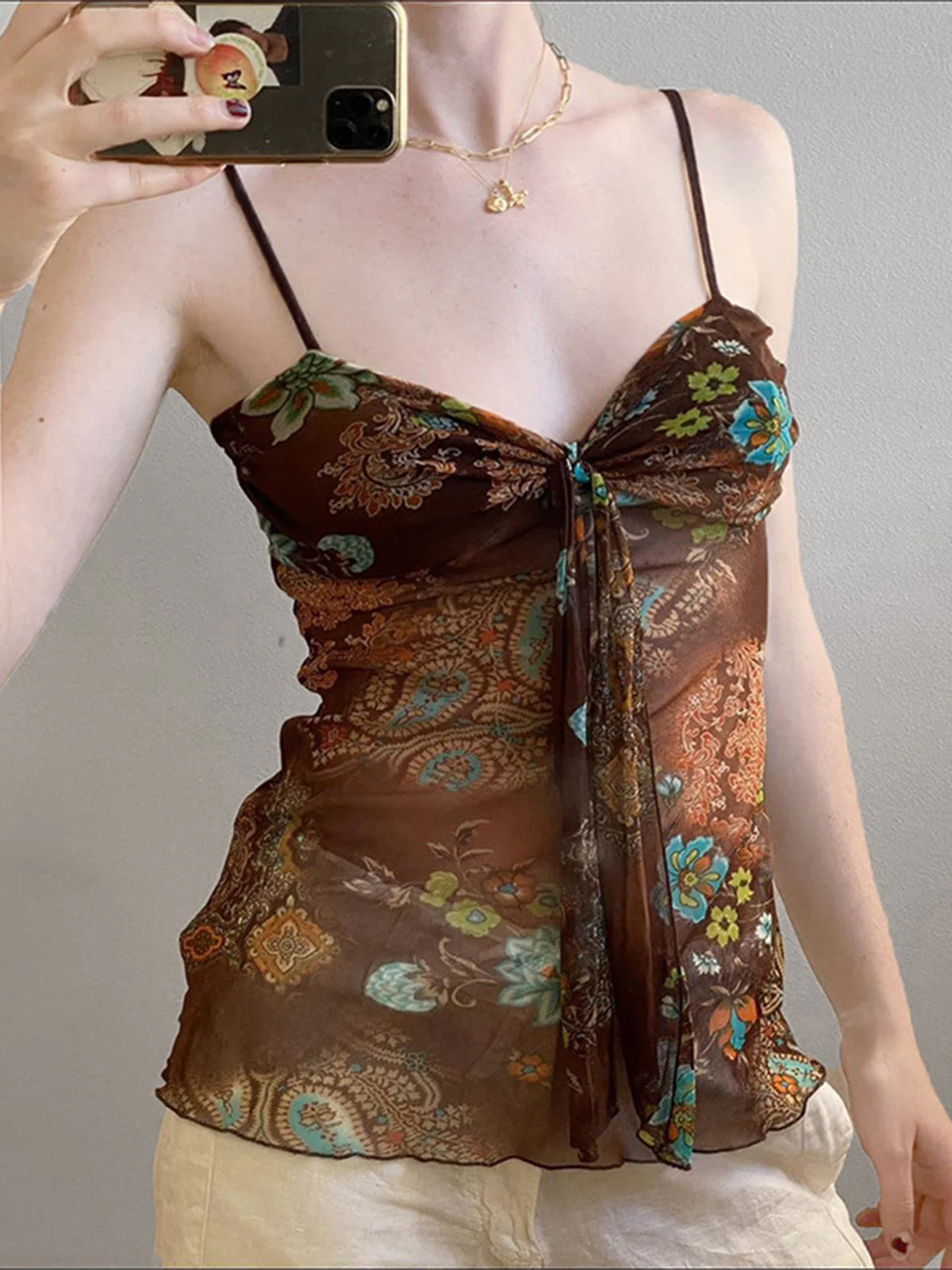 1950s Floral Colorblock Spaghetti Strap Camisole - Image 7