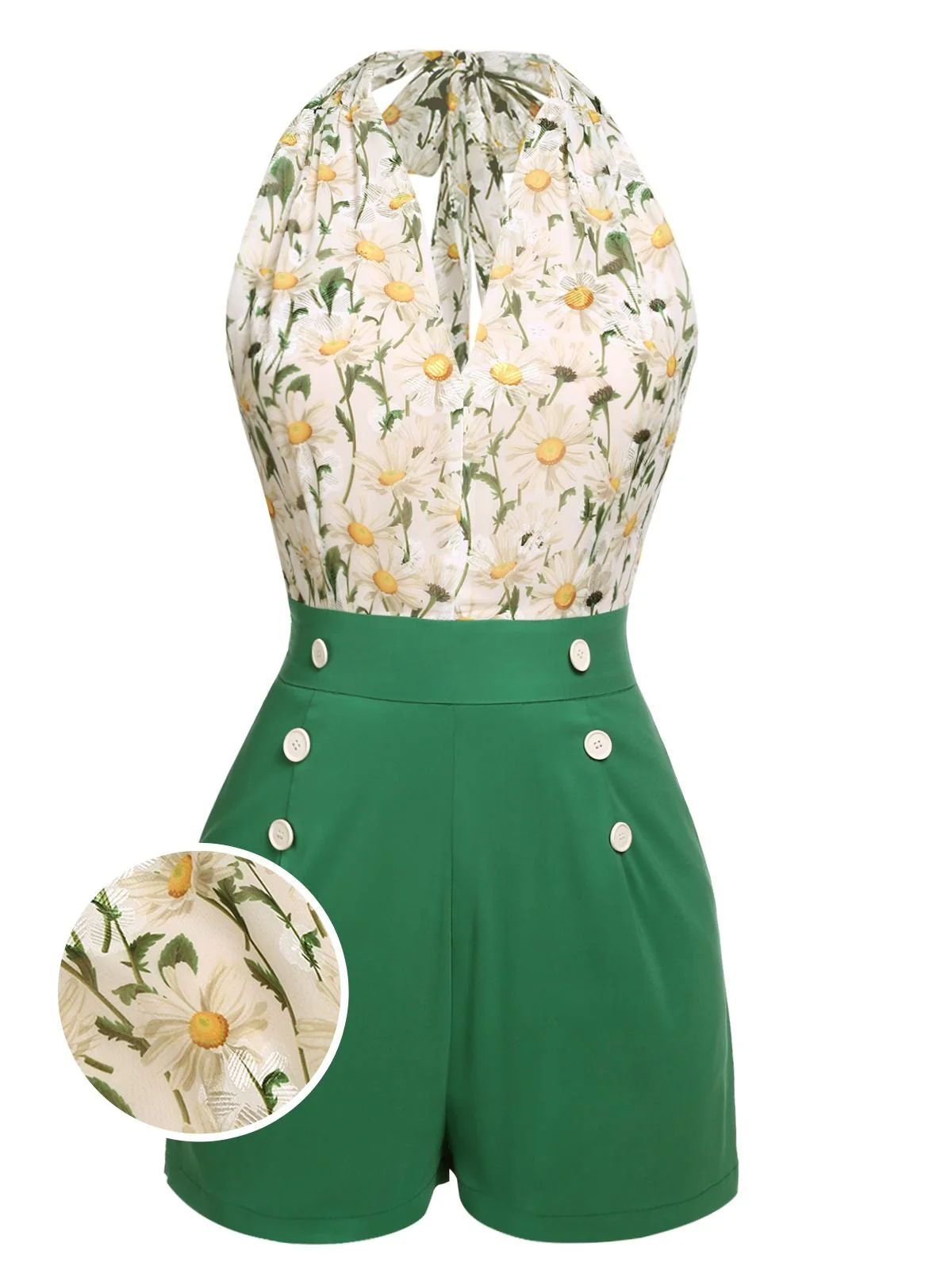 1950s Floral Halter Button Lace-up Romper - Image 6
