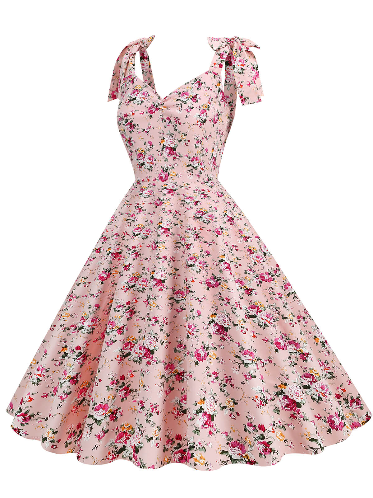 1950s Floral Lace-Up Shoulder V-Neck Swing Dress - Image 12
