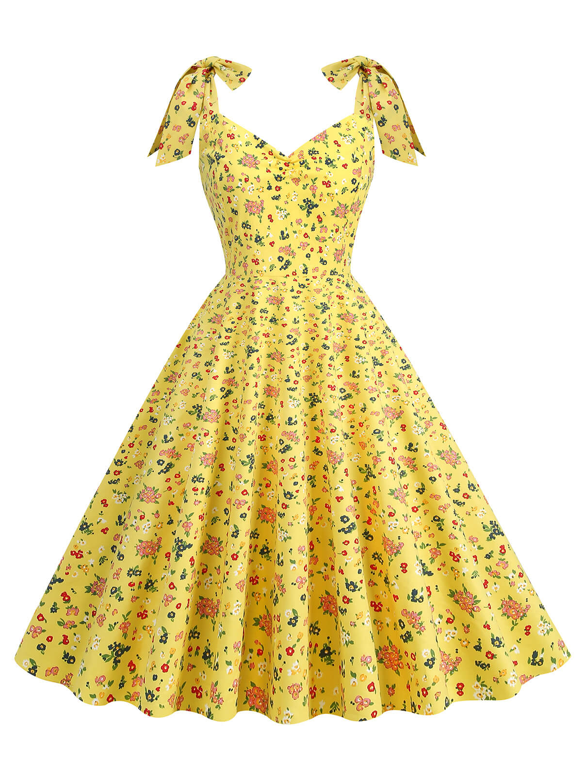 1950s Floral Lace-Up Shoulder V-Neck Swing Dress - Image 21