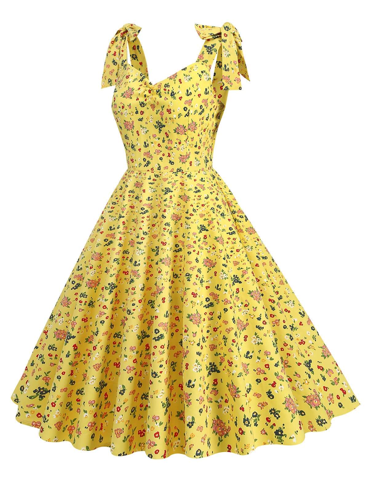 1950s Floral Lace-Up Shoulder V-Neck Swing Dress - Image 22