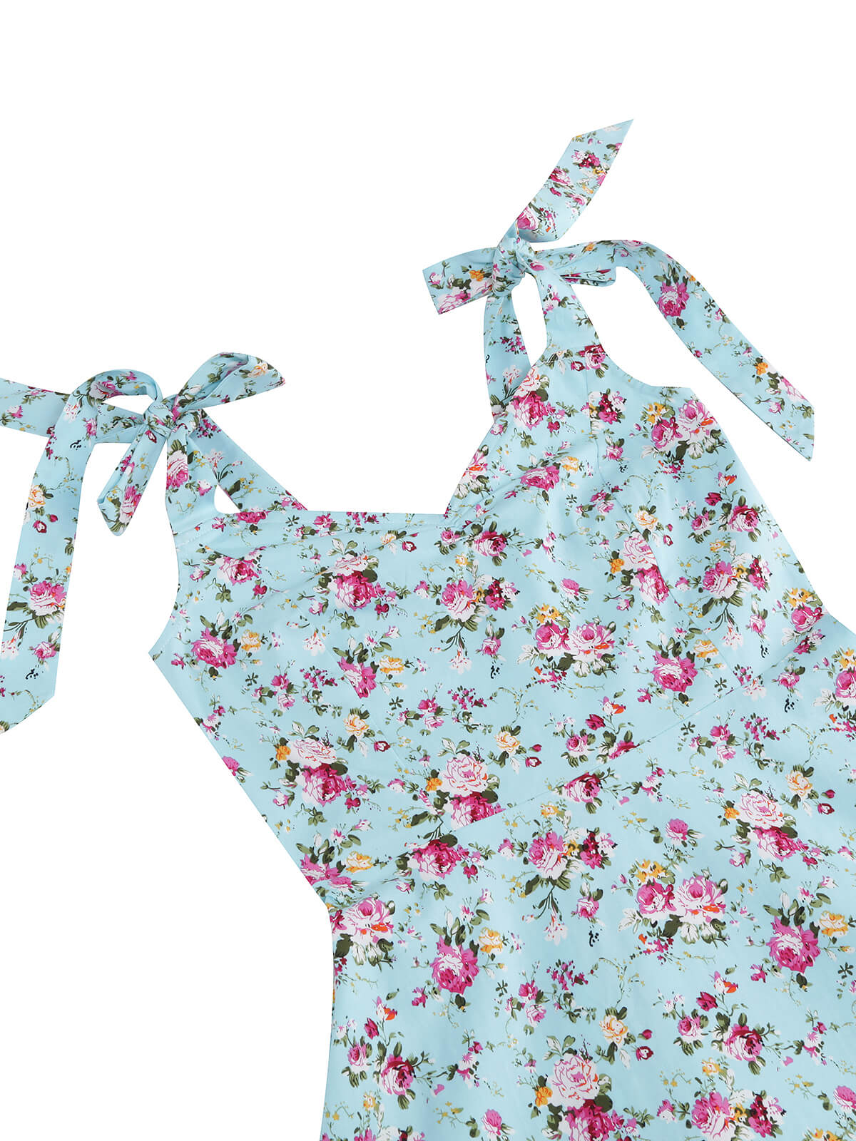 1950s Floral Lace-Up Shoulder V-Neck Swing Dress - Image 4