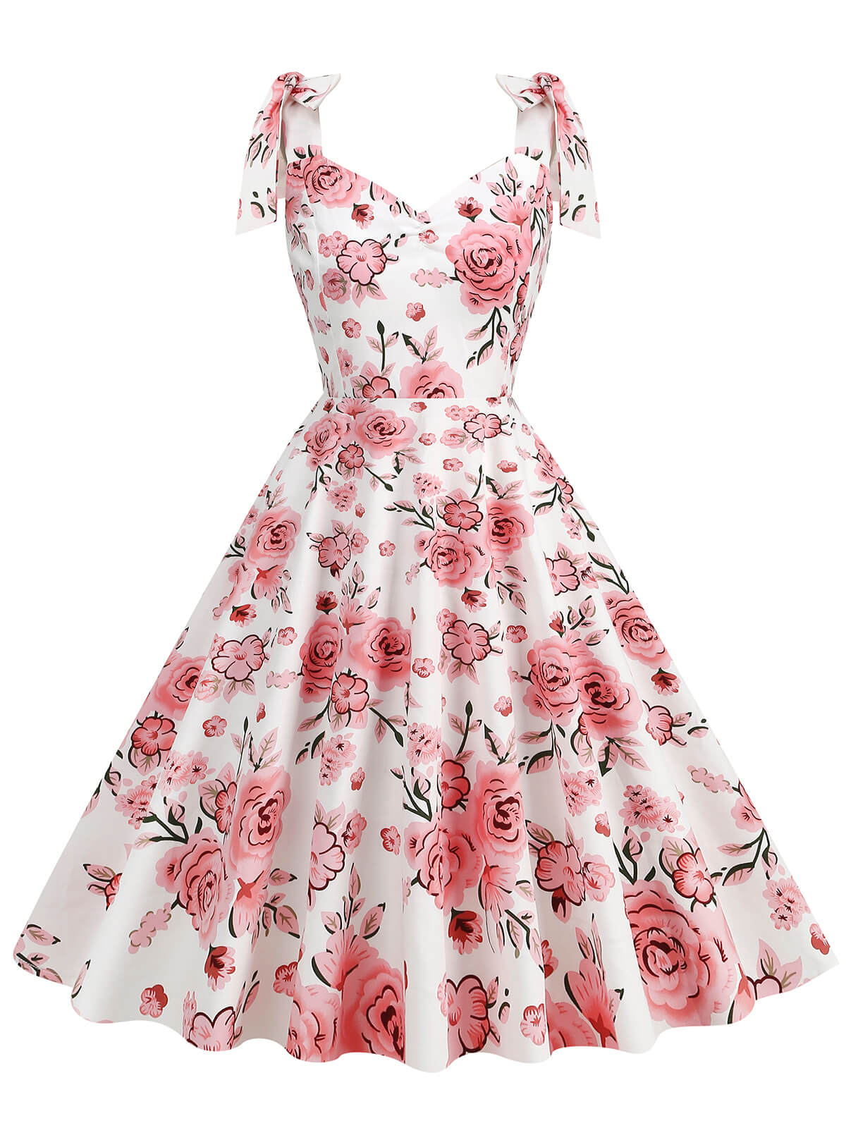 1950s Floral Lace-Up Shoulder V-Neck Swing Dress - Image 6
