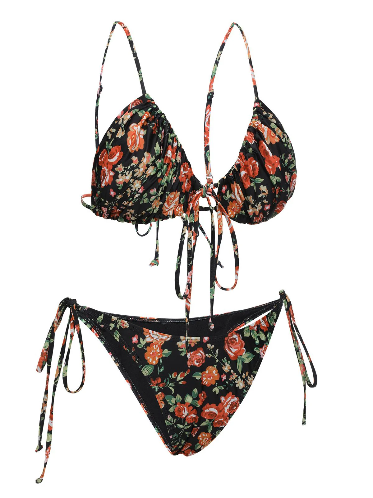 1950s Floral Lace-Up Spaghetti Strap Bikini Set - Image 2