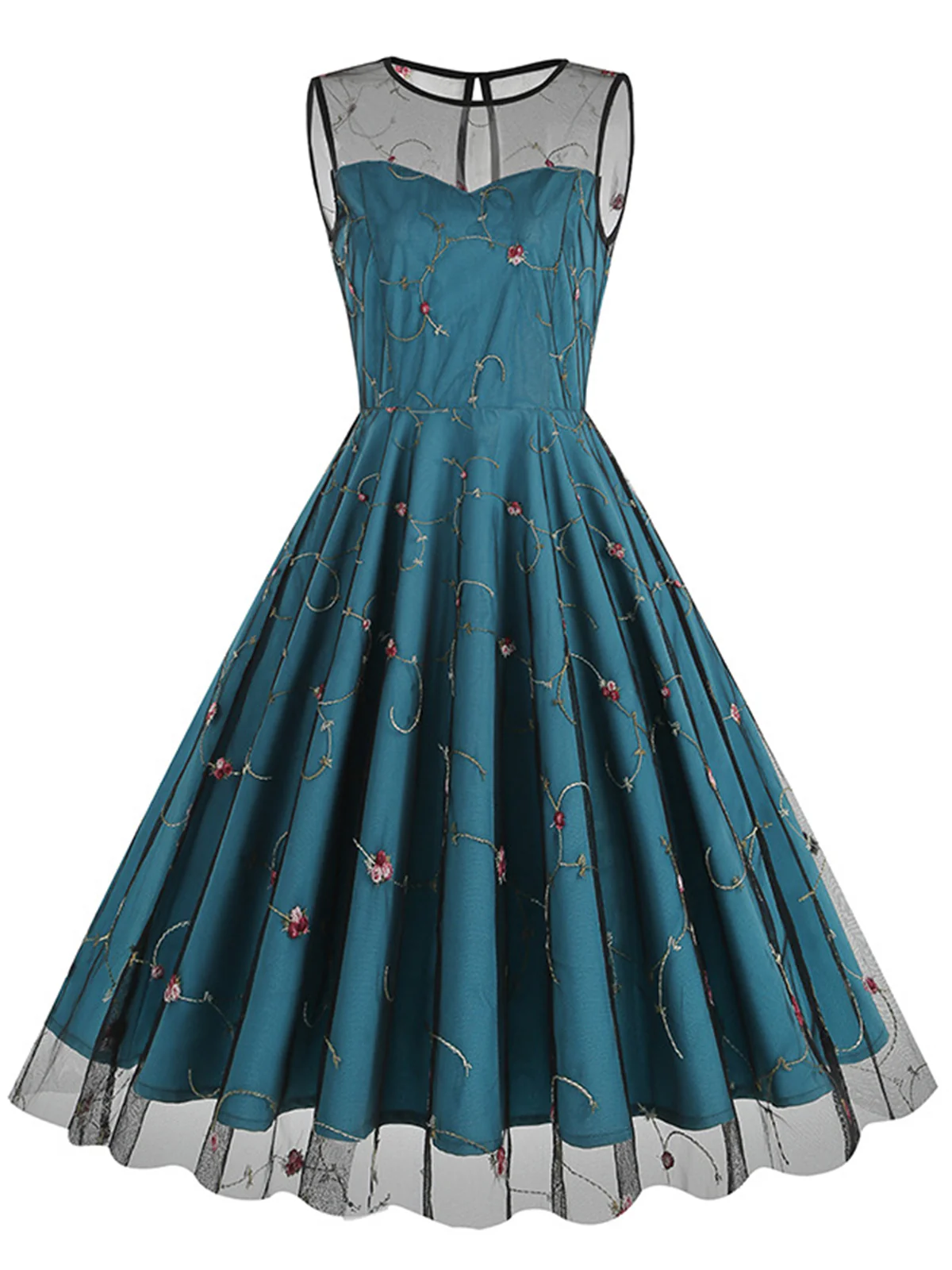 1950s Floral Mesh Swing Dress - Image 5