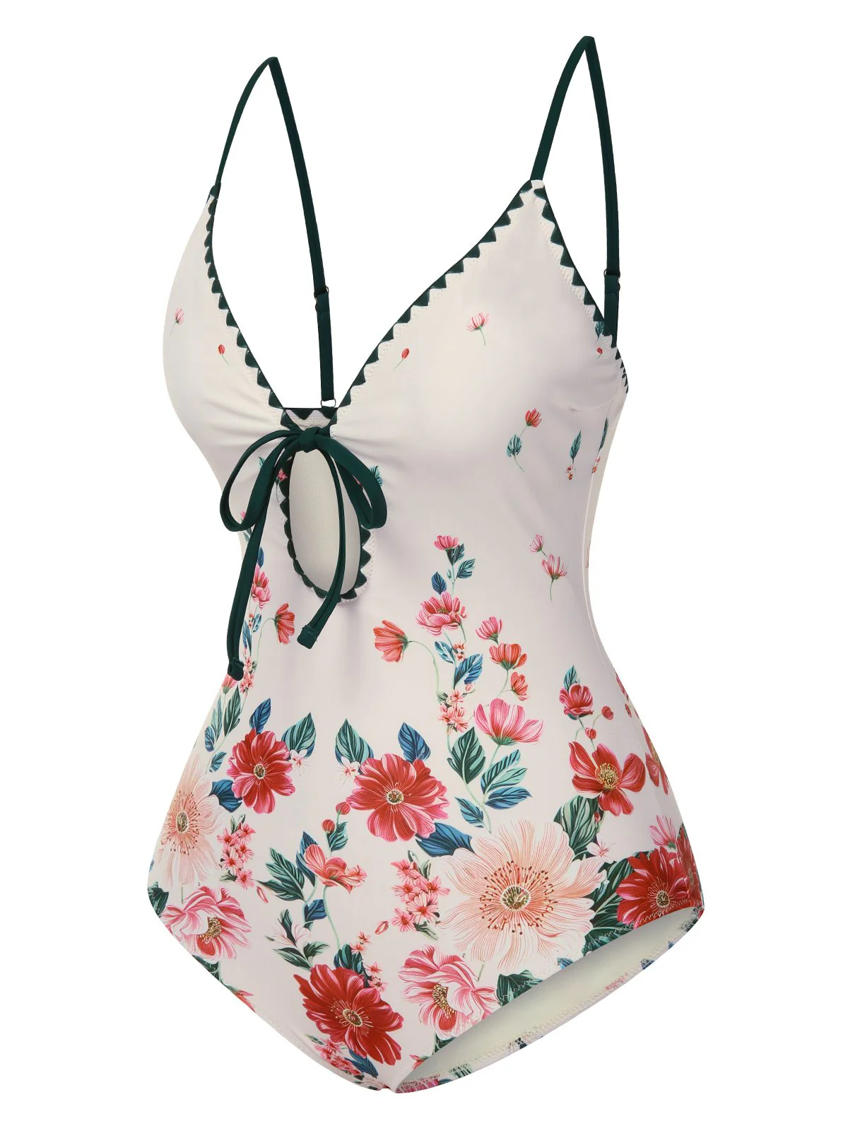 1950s Floral Print Spaghetti Strap One-Piece Swimsuit - Image 2