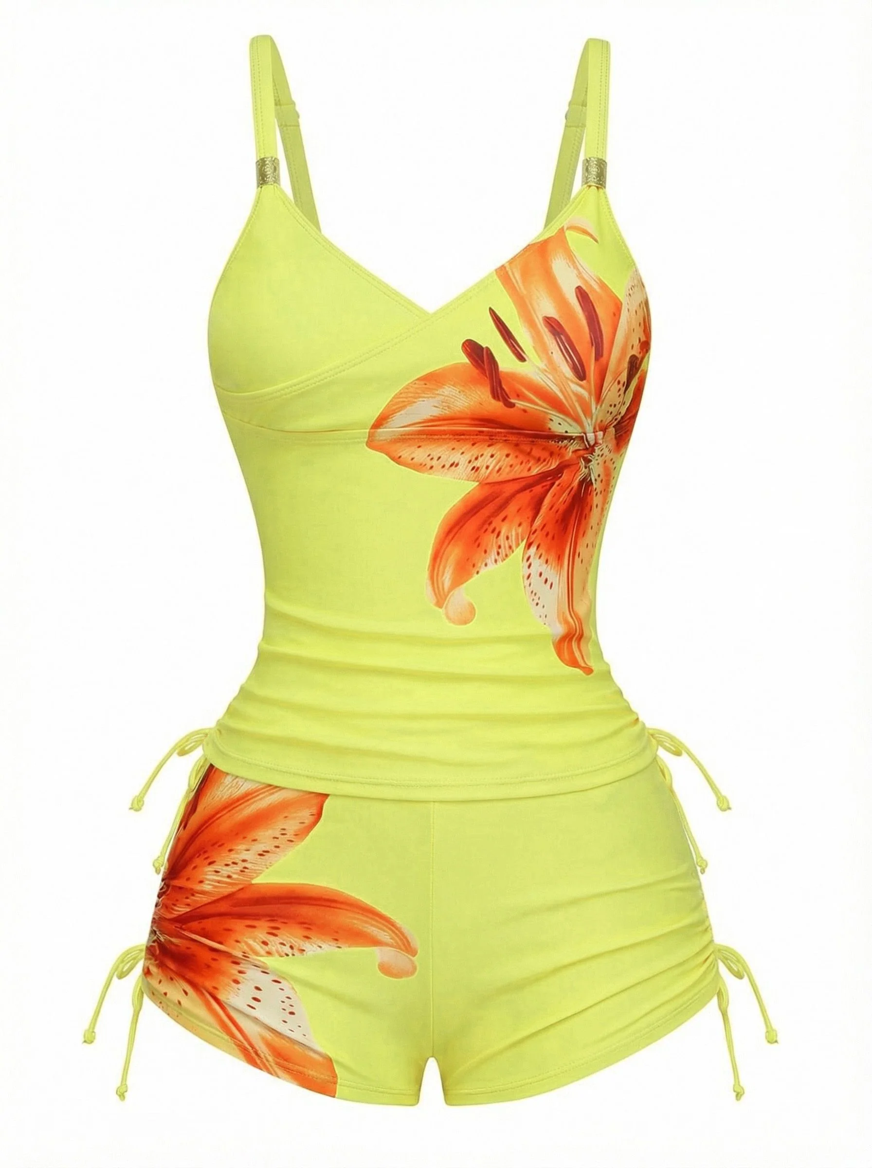 1950s Floral Solid Lace-Up Tankini Set - Image 10
