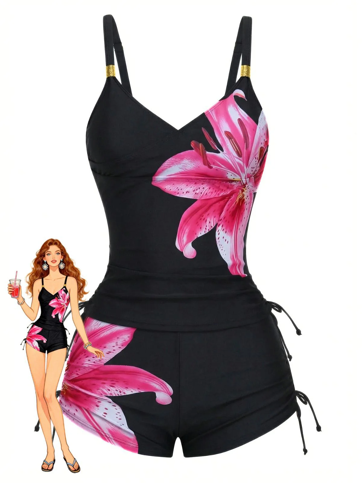 1950s Floral Solid Lace-Up Tankini Set - Image 6