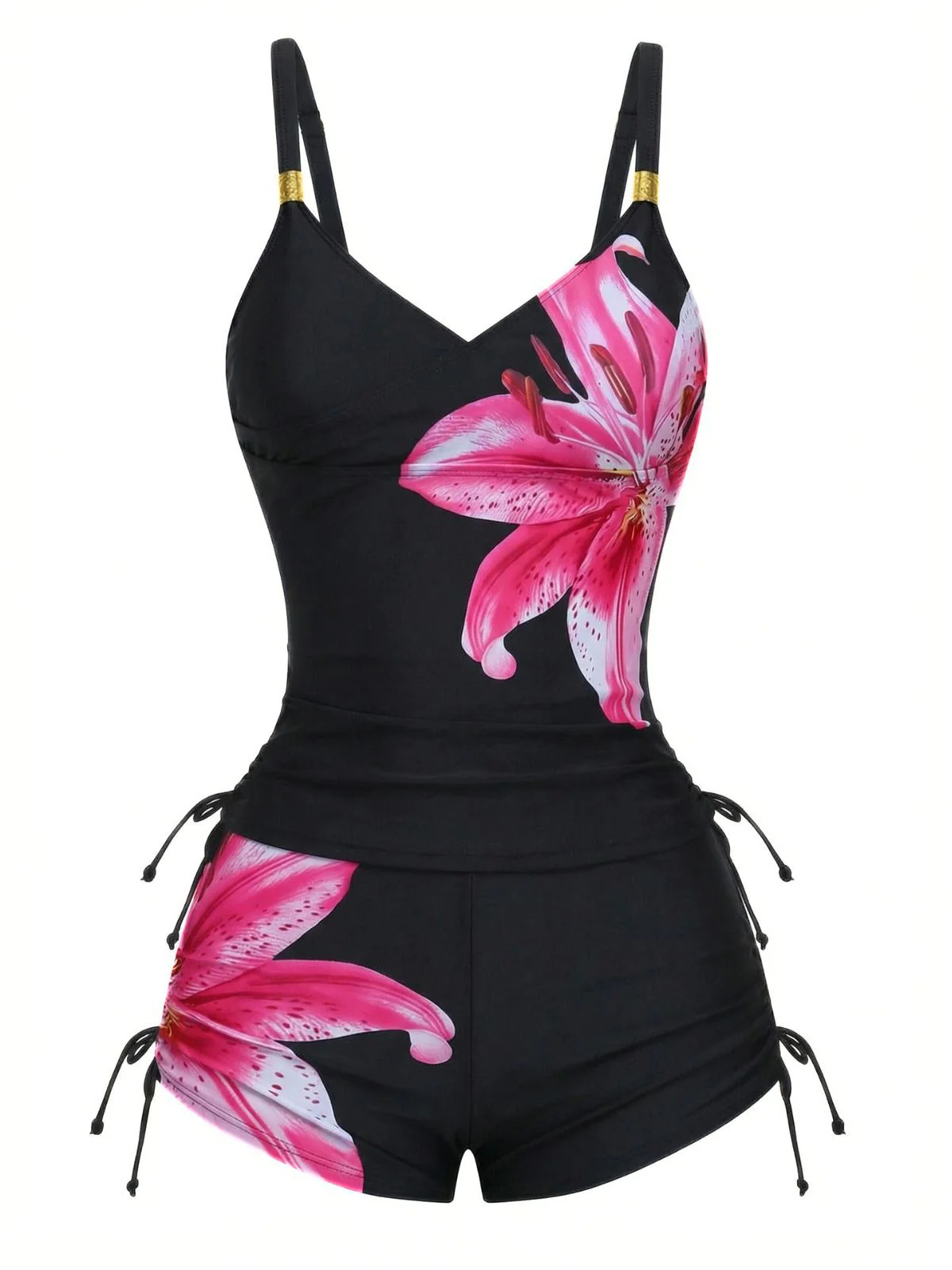 1950s Floral Solid Lace-Up Tankini Set - Image 7