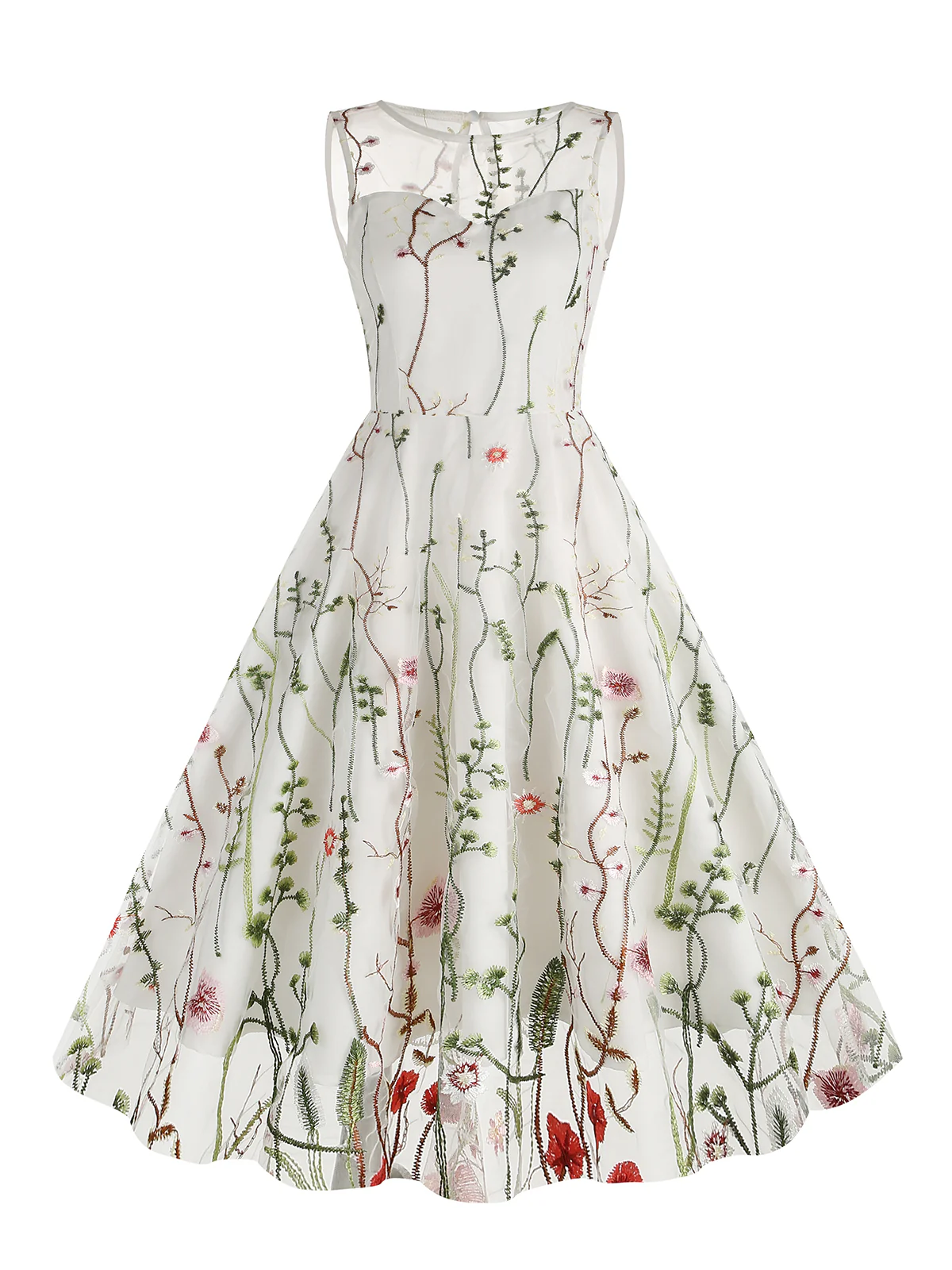 1950s Flower Gauze Sleeveless Swing Dress - Image 7
